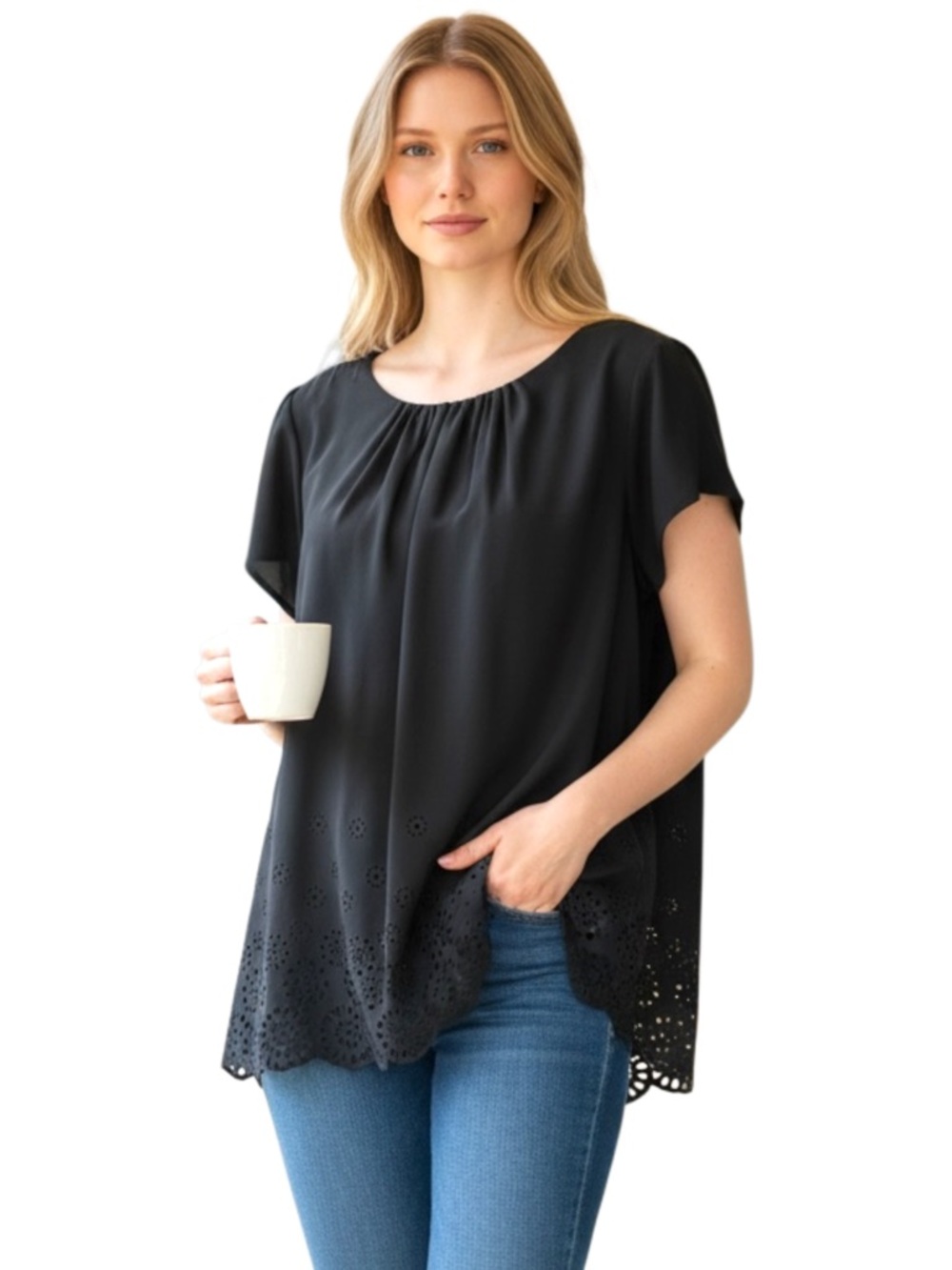 Wallis Black Pleated Scoop Back Keyhole Cutout Hem Short Sleeve Blouse Top (14)